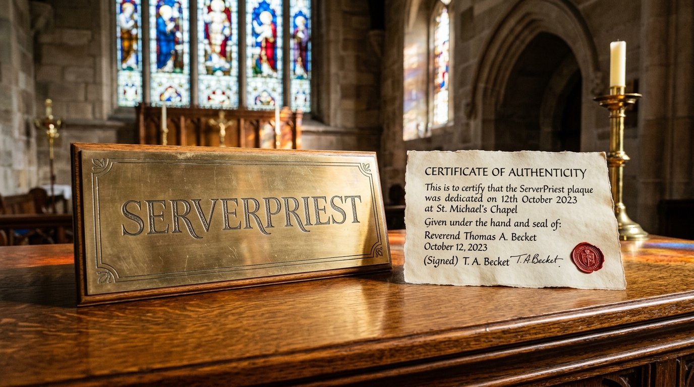 A 3D-printed ServerPriest wall plaque and signed Certificate of Authenticity parchment resting on a warm chapel altar
